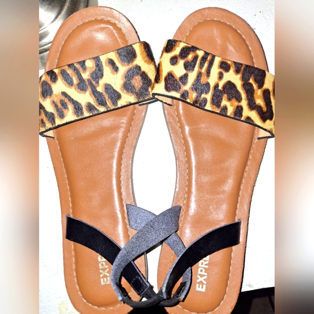 Express Brown and Black Sandals with Leopard Print Size 7